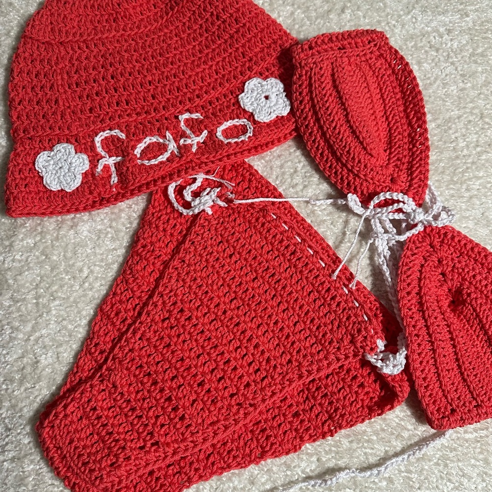 Tangerine Orange and White Crochet Bikini Set